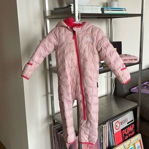 Light pink baby northface snowsuit and matching winter hat